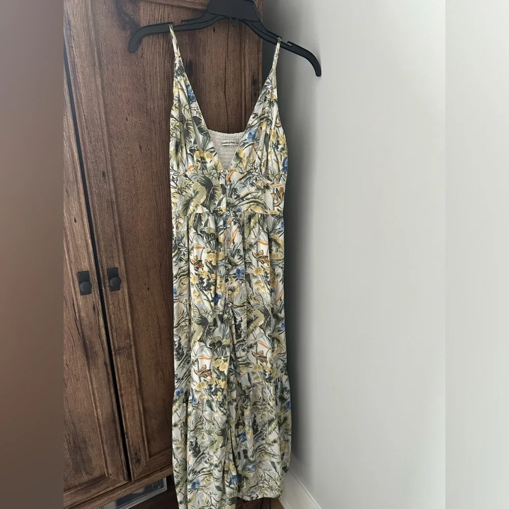 Floral Plunge Maxi Dress with Front Slit - White/Green